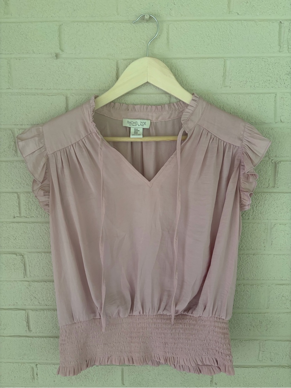 Rachel Zoe Blush Pink Ruffle Sleeve Smocked-Hem Top